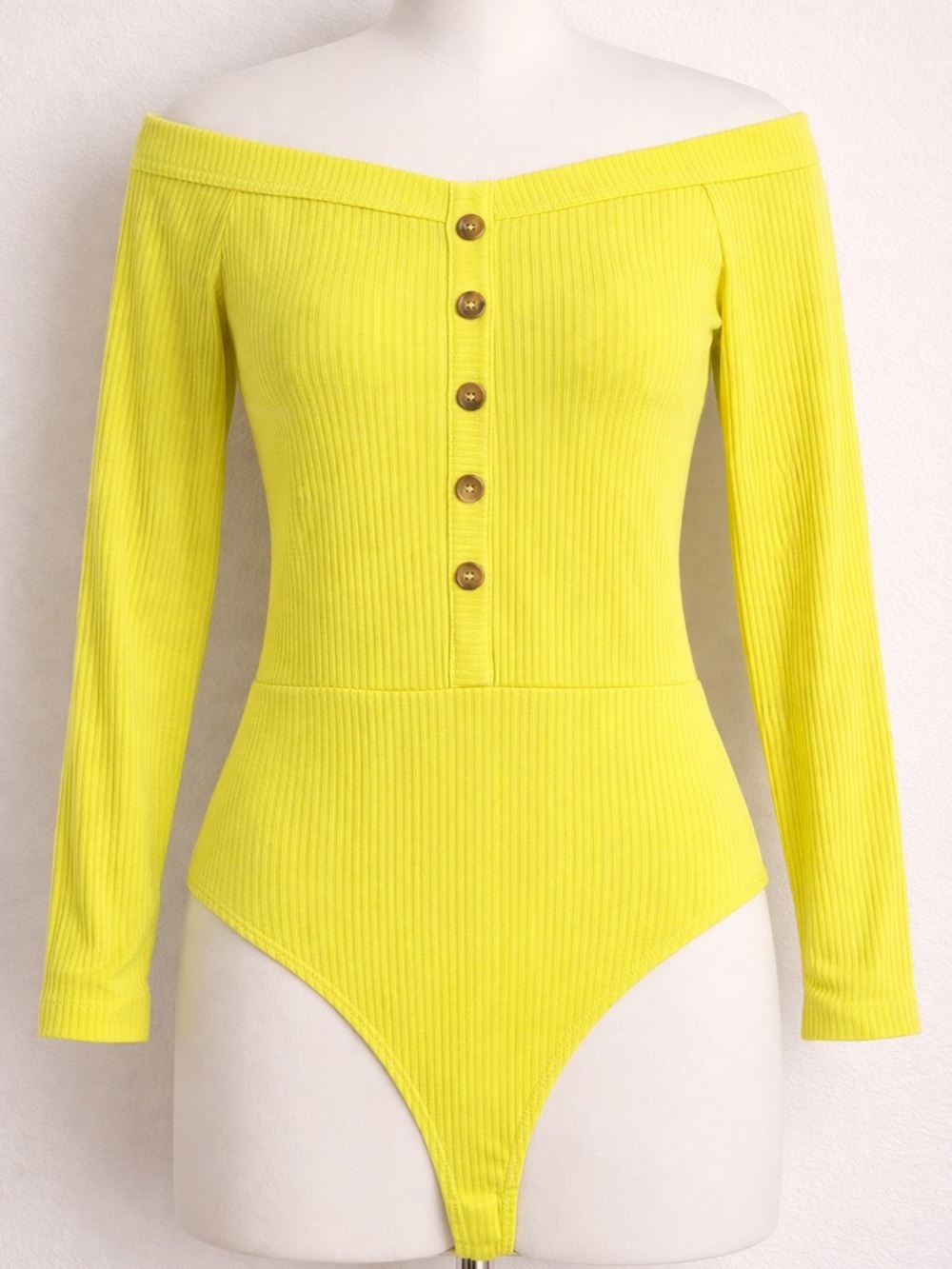 Orange Kiss Neon Yellow Ribbed‎ Long-Sleeve One-Piece Bodysuit Size L NWT